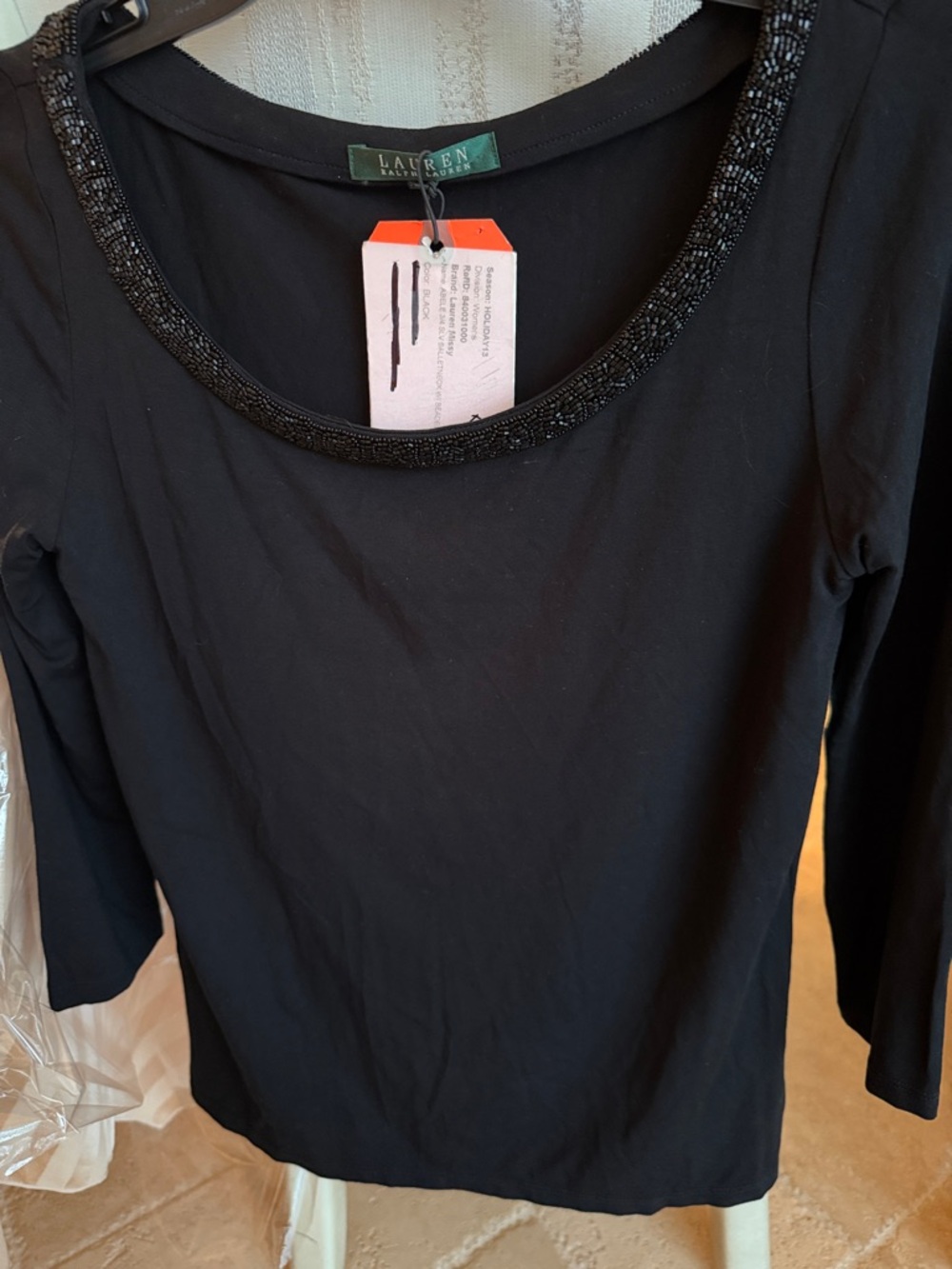 Lauren Ralph Lauren Black Long Sleeve Scoop Neck Top with Beaded Collar